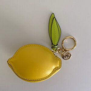 Michael Kors Yellow Lemon Coin Pouch Key Ring with Green Leaf Accent